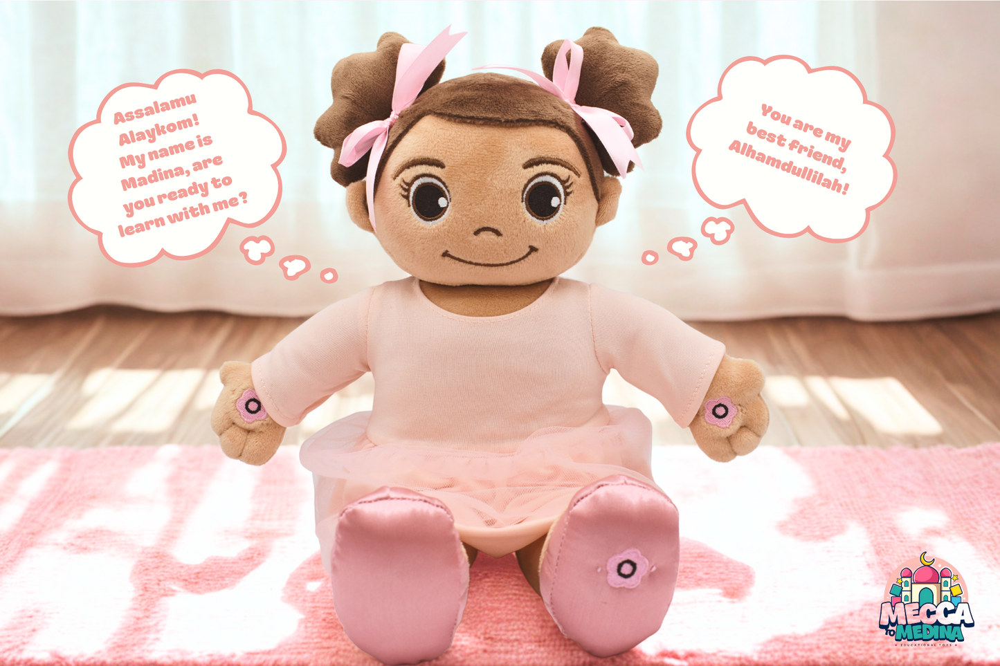 Madina Islamic Teaching plush toy sitting in a room, talking. Madina Muslim doll as a halal gift for kids