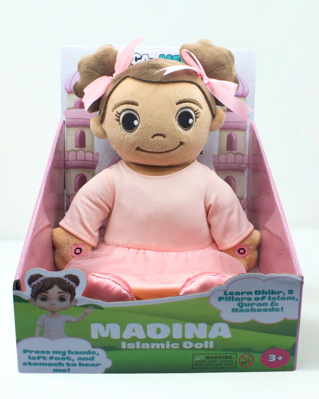 Madina islamic doll in pink ballet dress in her packaging. Madina Islamic doll gift packaging with fast shipping Canada USA