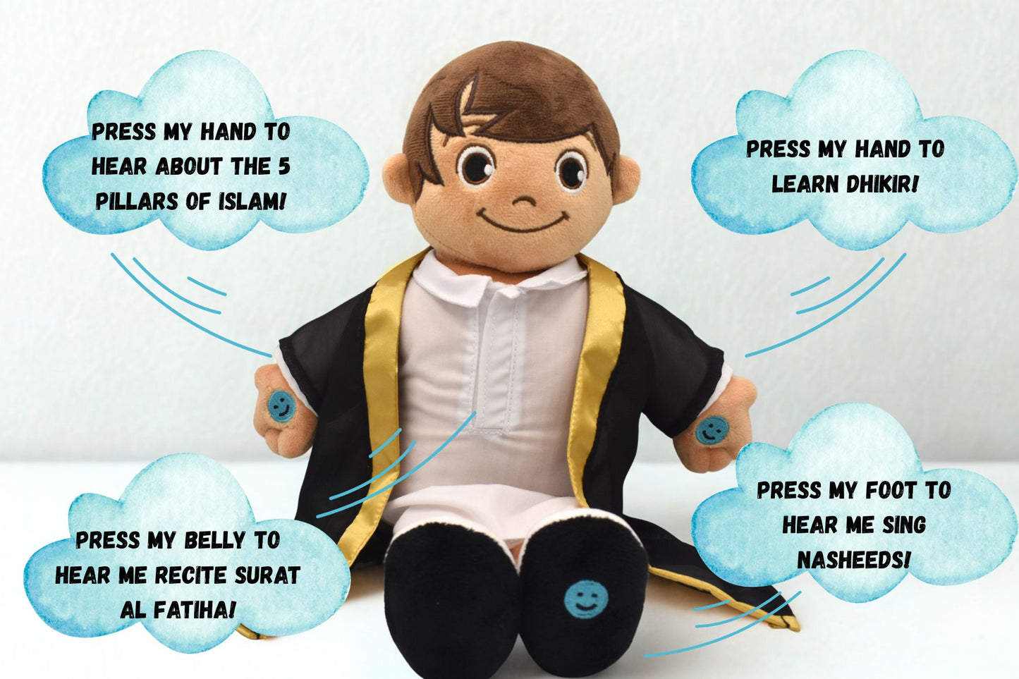 Khaled doll seated with clouds around him depicting what he says and does. Cuddly Islamic talking doll displayed as a halal gift for children.