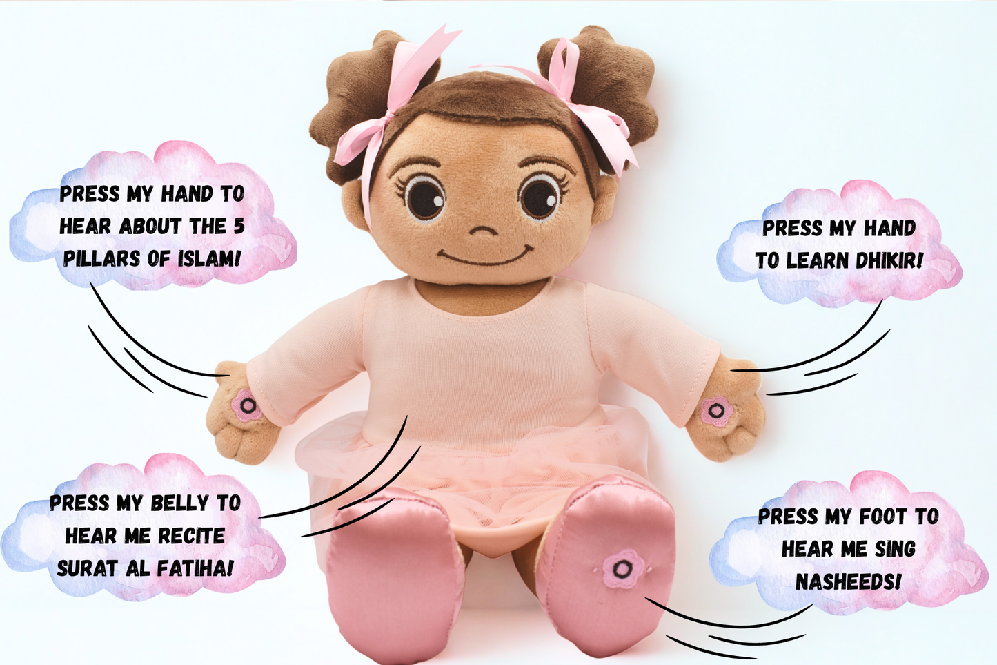 Toy with interactive parts and text instructions on a white background. Educational Islamic plush toy Madina designed for Muslim children