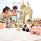2 kids playing and with the muslim dolls are watching. Khaled doll holding prayer gesture. Faith-filled Islamic talking toy teaching Five Pillars of Islam.