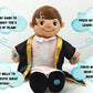 Khaled doll seated with clouds around him depicting what he says and does. Cuddly Islamic talking doll displayed as a halal gift for children.